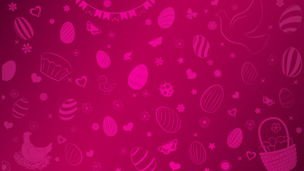Background of eggs, flowers, cakes, hare, hen, chicken and other Easter symbols in crimson colors