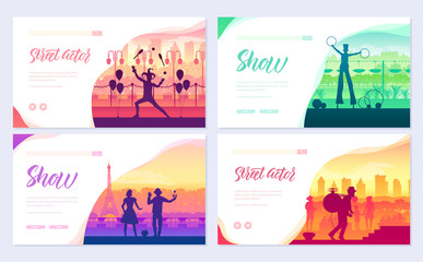 Street artists around the world brochure cards set. Speech on the alleys of the city template of flyear, web banner, ui header, enter site. Invitation concept background. Layout modern slider page