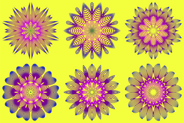 Set of Ornamental Circle Pattern. Sacred Oriental Mandala. Color Floral Ornament. Vector Illustration. For Coloring Book, Greeting Card, Invitation, Tattoo. Yellow purple color