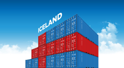 Shipping Cargo Container Iceland Flag For Logistics And Transportation With Clouds