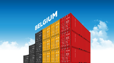 Cargo Container Belgium Shipping Flag For Logistics And Transportation With Clouds