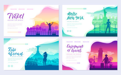 Tourists on the background of cities brochure cards set. Travel around the world template of flyer, magazines, poster, books, invitation banners. People on the background of attractions layout