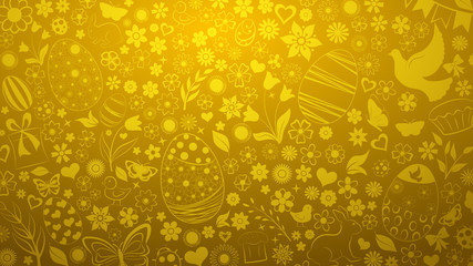 Background of eggs, flowers, cakes, hare, hen, chicken and other Easter symbols in golden colors