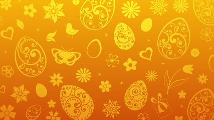 Background of eggs, flowers, gift box, chicken and other Easter symbols in golden colors