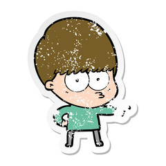 distressed sticker of a nervous cartoon boy