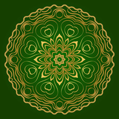 Traditional Ornamental Floral Mandala. Vector Illustration. For Coloring Book, Greeting Card, Invitation, Tattoo. Anti-Stress Therapy Pattern. Green gold color