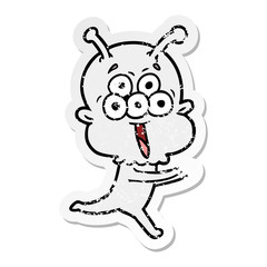 distressed sticker of a happy cartoon alien running