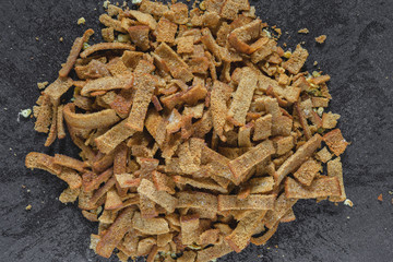 Salted, bread crumbs with garlic to beer.