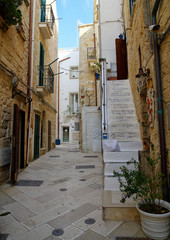 Fototapeta na wymiar POLIGNANO A MARE, ITALY - MARCH 29th, 2018: Typical narrow street with decorated stairs leading to apartment in center of Polignano a Mare town, Puglia region, Italy.