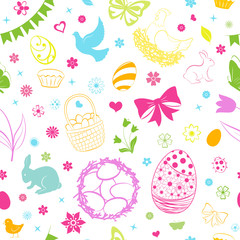 Seamless pattern of eggs, flowers, cakes, hare, hen, chicken and other Easter symbols, multicolored on white