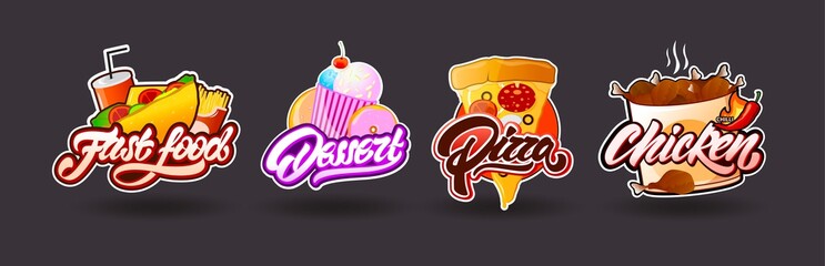Desert, fast food , pizza and chicken in lettering.  Set. Vector
