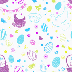 Seamless pattern of eggs, flowers, cakes, hare, hen, chicken and other Easter symbols, multicolored on white