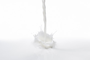 Milk splash.Pouring milk splash isolated on a white background horizontally.Milk splash with frozen white splashes on the photo.