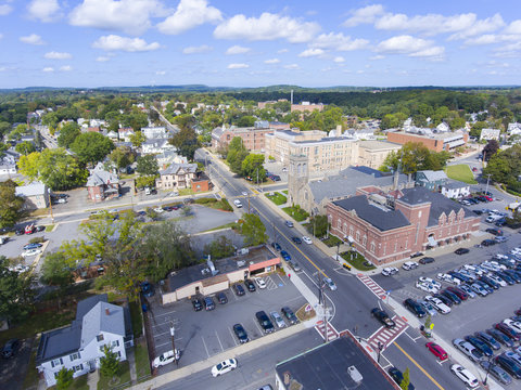 Aerial view of Framingham downtown including Police Department, New Life Presbyterian Community Church, and Danforth Museum in Framingham, Massachusetts, USA.