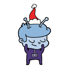 shy line drawing of a spaceman wearing santa hat