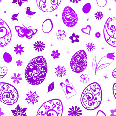 Seamless pattern of eggs, flowers, gift box, chicken and other Easter symbols, purple on white