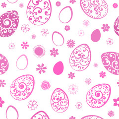 Seamless pattern of Easter eggs and flowers, pink on white