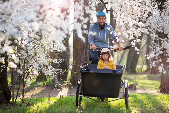 Father and daughter having a ride with cargo bike during spring