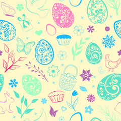 Seamless pattern of eggs, flowers, cakes, hen, chicken and other Easter symbols, multicolored on beige