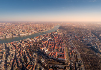 Image of areal view over the Hungarian capital city of Budapest with the river of danube and historical buildings and bridges