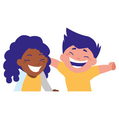 happy kids couple celebrating interracial characters