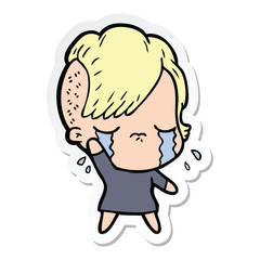 sticker of a cartoon crying girl waving