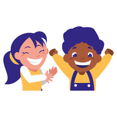 happy kids couple celebrating interracial characters