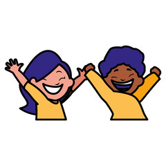 happy kids couple celebrating interracial characters