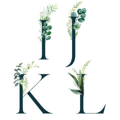 Green Floral Alphabet Set - letters I, J, K, L with botanic branch bouquet composition. Unique collection for wedding invites decoration and many other concept ideas.