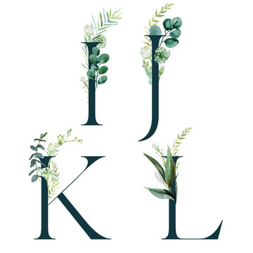 Green Floral Alphabet Set - letters I, J, K, L with botanic branch bouquet composition. Unique collection for wedding invites decoration and many other concept ideas.