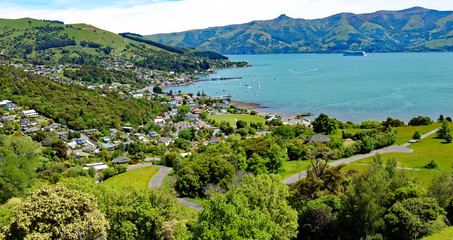 Overlook of the town of Akaroa in the scenic Banks Peninsula on the east coast of the South Island...