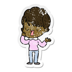 distressed sticker of a cartoon woman talking