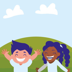 happy kids couple in the camp interracial characters