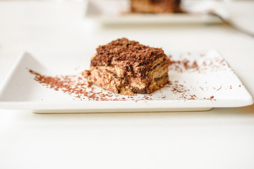 Biscuit and chocolate cake on white background with room for text.