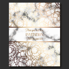 Luxury and elegant wedding invitation cards with marble texture and gold geometric template for text. Modern wedding invitation decorated with peony flower pattern