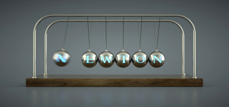 Pendulo de Newton. En las esferas metalicas aparece la palabra Newton.