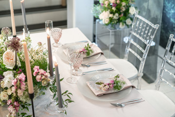 Floral decoration for wedding ceremony romance dining. Wedding banquet , festive decor. Bouquet...