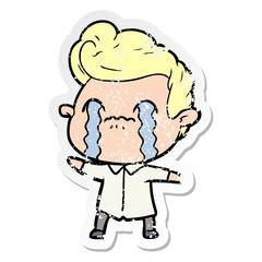 distressed sticker of a cartoon man crying