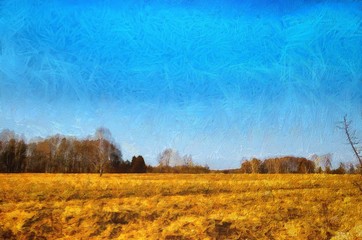 Village outdoor landscape. Nature motif. Large size watercolor and oil painting pictorial art. Modern drawing fine artwork. Creative artistic print for canvas or textile. Wallpaper, poster or postcard