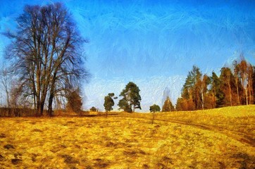 Village outdoor landscape. Nature motif. Large size watercolor and oil painting pictorial art. Modern drawing fine artwork. Creative artistic print for canvas or textile. Wallpaper, poster or postcard