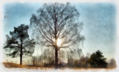 Country nature landscape. Village motifs. Big size oil painting pictorial art. Modern impressionism drawing artwork. Creative artistic print for canvas or textile. Wallpaper, poster or postcard design