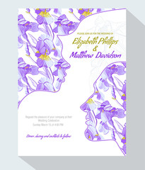 Wedding invitation card with abstract purple background of iris flowers and stylized face of women and men