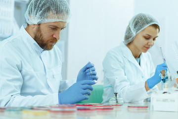 View of two friendly young scientists in lab coat making research in modern laboratory. Red haired siblings doing tests and checking results in private clinic. Medical workers working with reagents.