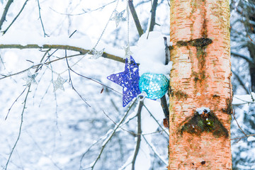 Christmas ornaments hanging on a tree in a snowy forest after a snow storm, depicting, winter time, cold weather, Christmas, holidays and winter wonderland.