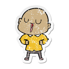 distressed sticker of a happy cartoon bald man