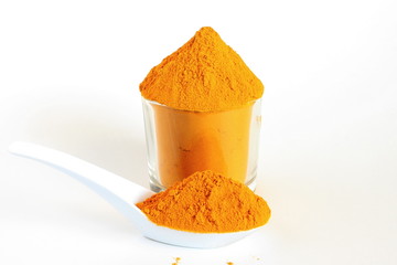 turmeric or curcumin longa powder in spoon isolated on white background