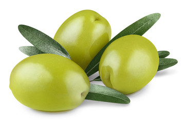 Delicious green olives with leaves, isolated on white background