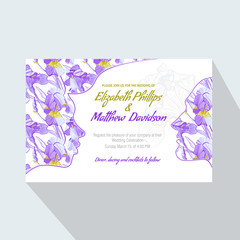 Naklejka na ściany i meble Wedding invitation card with abstract purple background of iris flowers and stylized face of women and men