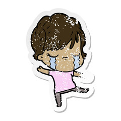 distressed sticker of a cartoon woman crying