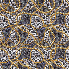 Golden chain glamour snakeskin and leopard fur seamless pattern illustration. Watercolor texture with golden chains.